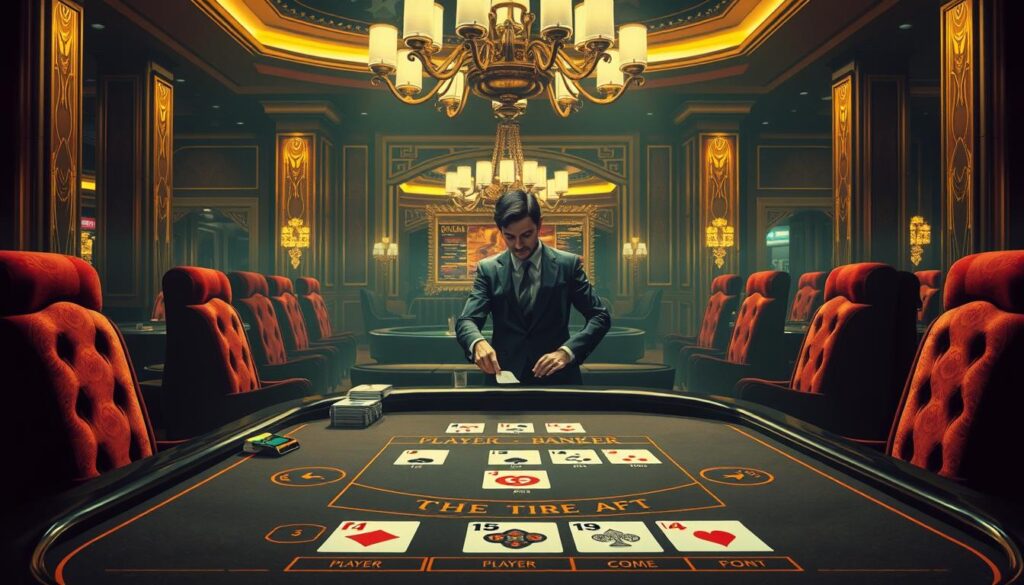 A beautifully detailed illustration of the rules and gameplay of the classic casino game Baccarat. Set in a dimly lit, luxurious casino interior, the image should convey a sense of sophistication and elegance. The foreground should feature the gaming table with the iconic Baccarat layout, including the designated areas for player, banker, and tie bets. The middle ground should showcase the dealer, dressed in a crisp, tailored suit, dealing the cards with a skillful flourish. The background should depict the opulent casino environment, with rich, velvet-upholstered chairs, gilded chandeliers, and the subtle glow of neon signs. The overall mood should be one of excitement, strategy, and the thrill of the game.