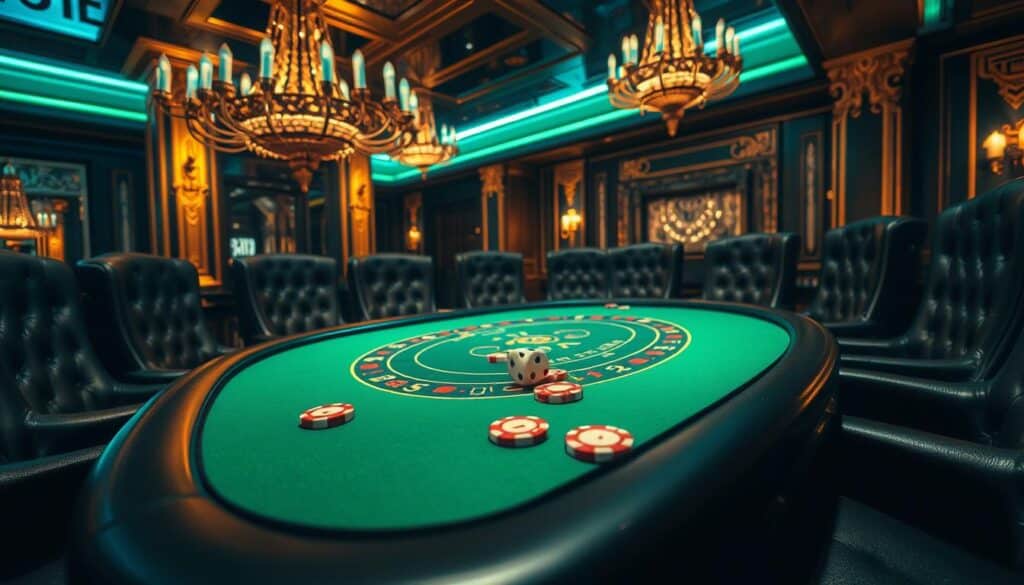 A beautifully lit table with a green felt surface, surrounded by plush leather chairs in a dimly lit, elegant casino interior. The table is adorned with classic casino chips in various denominations, and a pair of dice rests at the center, ready for the game to commence. Intricate gold detailing and ornate chandeliers create a sophisticated ambiance, inviting players to immerse themselves in the time-honored tradition of Baccarat. The scene conveys a sense of refined elegance and the anticipation of a thrilling gaming experience.