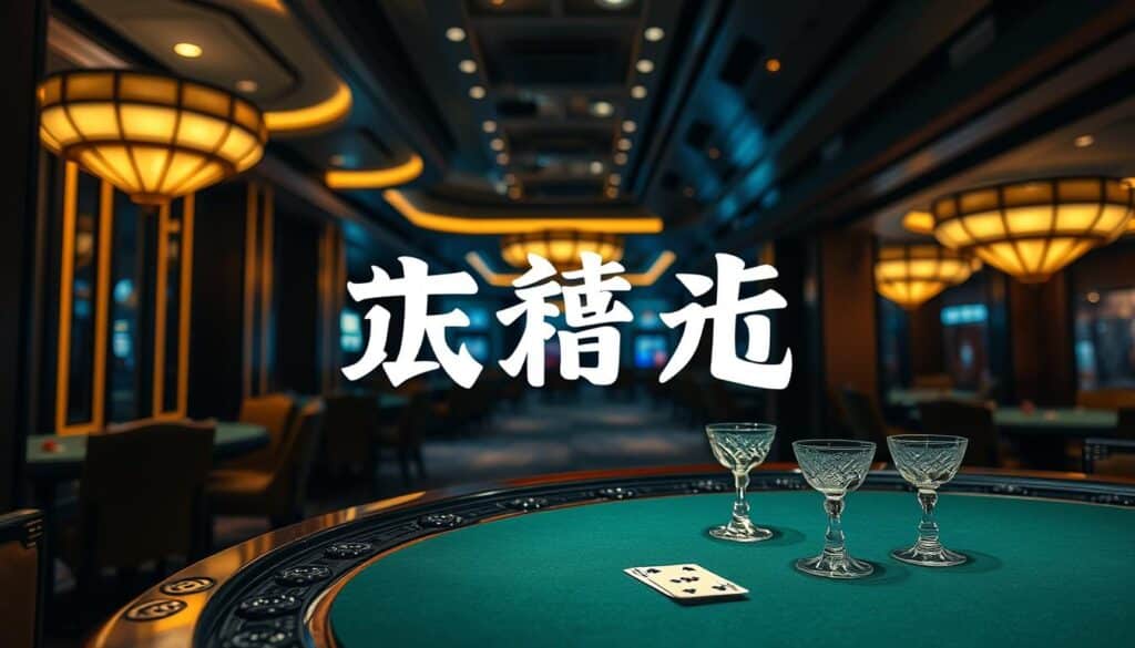 A bold, stylized title "獨家百家樂遊戲攻略" rendered in traditional Chinese characters, set against a backdrop of a dimly lit casino interior. Sleek, modern lighting fixtures cast a warm, atmospheric glow, while the foreground features an ornate, carved wooden table with a green felt surface. Elegant crystal glasses and a single deck of playing cards sit atop the table, hinting at the game of baccarat. The middle ground showcases a glimpse of the casino floor, with subtle hints of movement and activity in the distance. The overall mood is one of sophistication, strategy, and the thrill of high-stakes gambling.