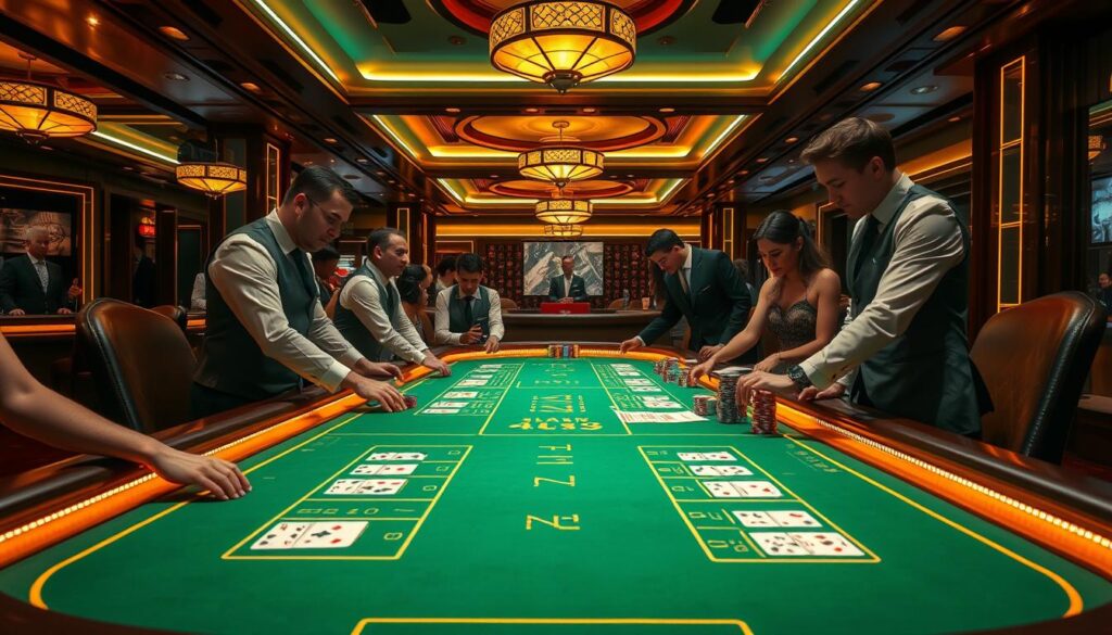 A brightly lit table in a high-end casino, the green felt surface gleaming under warm, golden lighting. Elegant croupiers in crisp uniforms stand poised, ready to deal the cards. Players lean in with anticipation, studying the chips and cards before them. The table is adorned with the classic baccarat layout, with clear demarcations for the player, banker, and tie bets. The atmosphere is one of refined sophistication, where the rules of the game are as much a part of the experience as the thrill of the wager.