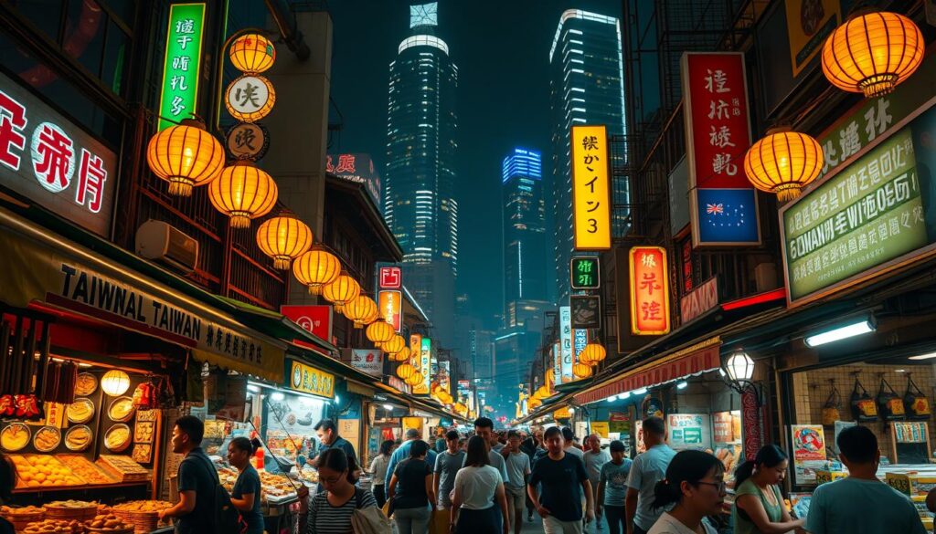 A bustling Taiwanese night market, lit by vibrant lanterns and neon signs. In the foreground, vendors offer an array of local delicacies, steaming dumplings, and fragrant street food. The middle ground showcases traditional handicrafts, artisanal products, and lively crowds of shoppers. In the background, towering skyscrapers and modern infrastructure hint at Taiwan's rapid economic growth and technological advancements. The scene evokes a dynamic blend of old and new, where the pulse of a thriving local culture meets the energy of a rapidly evolving market landscape. Cinematic lighting casts warm, golden hues, creating an atmosphere of excitement and boundless opportunity.
