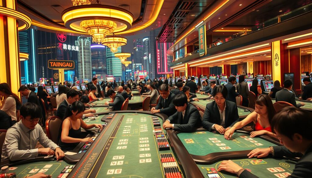 A bustling casino floor filled with the excitement of Baccarat, set against the backdrop of a vibrant Taiwanese cityscape. Soft neon lights cast a warm, inviting glow, drawing patrons to the numerous gaming tables. Well-dressed players eagerly place their bets, their expressions focused as the cards are dealt. Sleek, modern decor contrasts with the traditional elements, reflecting Taiwan's blend of old and new. A sense of energy and anticipation permeates the scene, capturing the enduring popularity of this timeless game within the Taiwanese gaming culture.