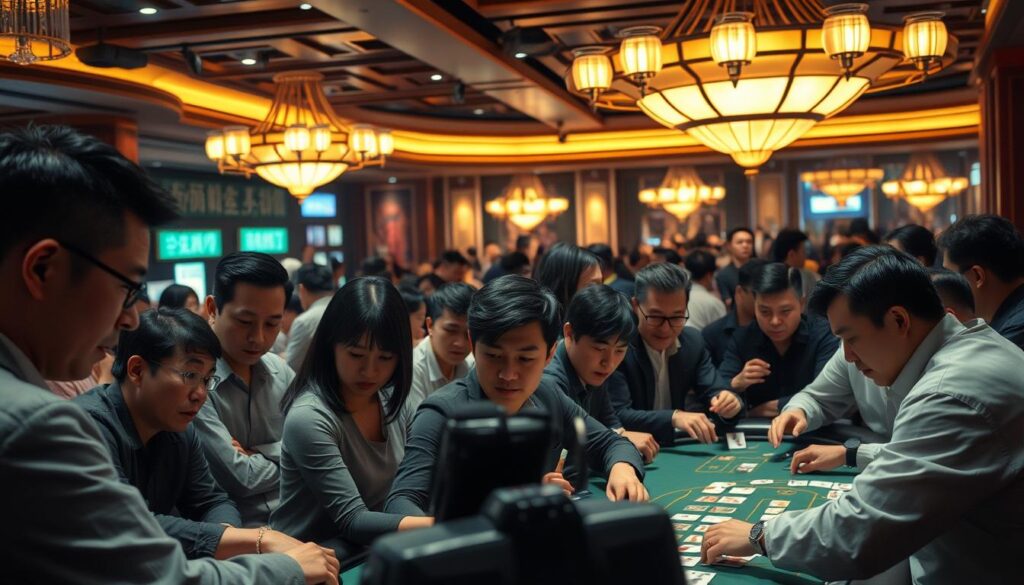 A bustling casino interior, filled with the energy of Taiwanese baccarat players. In the foreground, a group of animated gamblers gather around a baccarat table, their expressions tense with concentration as they scrutinize the cards. The middle ground reveals a mix of seasoned veterans and novice players, each employing their own distinctive betting strategies and body language. The background is dimly lit, with the soft glow of overhead chandeliers casting a warm, atmospheric light across the scene. The players' attire ranges from casual to formal, reflecting the diverse demographics of the Taiwanese baccarat enthusiasts. The overall mood is one of intense focus, punctuated by occasional bursts of excitement or frustration, as the game's unpredictable nature unfolds.