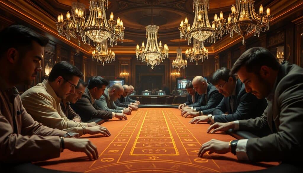 A bustling casino scene, with the focus on a high-stakes Baccarat table at the center. The table is lit by a warm, golden glow, creating a rich, luxurious atmosphere. Players lean intently over the felt, their expressions a mix of concentration and anticipation. In the background, the dim, ornate interior of the casino is visible, with crystal chandeliers and plush furnishings suggesting an atmosphere of wealth and exclusivity. The camera angle is slightly elevated, giving a perspective that allows the viewer to take in the full tableau of the successful Baccarat game in progress.