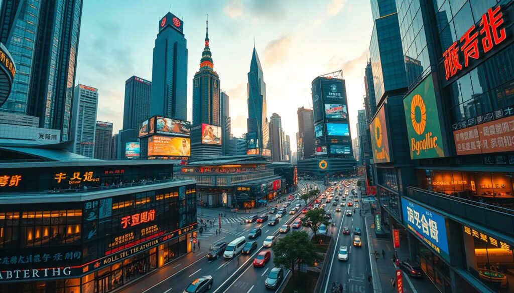 A bustling cityscape of Taipei at dusk, with towering skyscrapers and neon-lit billboards reflecting the vibrant growth of Taiwan's online gambling market. In the foreground, a modernistic building with sleek glass facades houses a thriving casino, its patrons engaged in intense rounds of baccarat. The middle ground showcases busy streets filled with pedestrians and traffic, capturing the dynamic energy of the industry. The background is bathed in a warm, golden glow, evoking a sense of prosperity and opportunity. The entire scene is captured through a wide-angle lens, highlighting the scale and momentum of Taiwan's evolving gambling landscape.