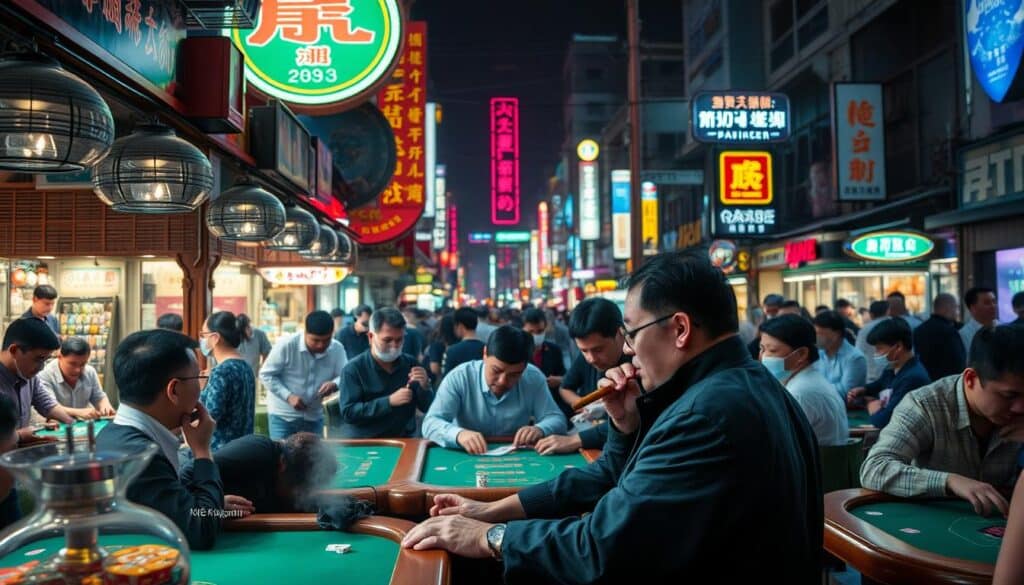A bustling night market in Taipei, the neon lights casting an electric glow over the crowded tables of players eagerly rolling dice and shuffling cards. In the foreground, a group of experienced gamblers discuss their winning strategies, cigars in hand, while in the middle ground, newcomers tentatively make bets, captivated by the thrill of the game. The background is filled with the lively atmosphere of a city where gambling has become deeply woven into the cultural fabric, a testament to the unique relationship between the Taiwanese people and the game of Baccarat.