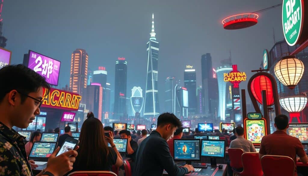 A bustling online baccarat gaming scene unfolds against a backdrop of modern cityscapes. In the foreground, players immerse themselves in the game's thrilling action, their faces illuminated by the glow of digital interfaces. The middle ground depicts a diverse array of devices, from sleek smartphones to high-resolution monitors, reflecting the accessibility and convenience of online play. In the distance, the skyline is dotted with towering skyscrapers, symbolizing the growth and evolution of the digital gambling industry. The scene is bathed in a warm, inviting light, conveying the allure and popularity of online baccarat among Taiwanese players. Subtle details, like flourishing neon signs and bustling crowds, suggest the game's widespread appeal and integration into the urban landscape.