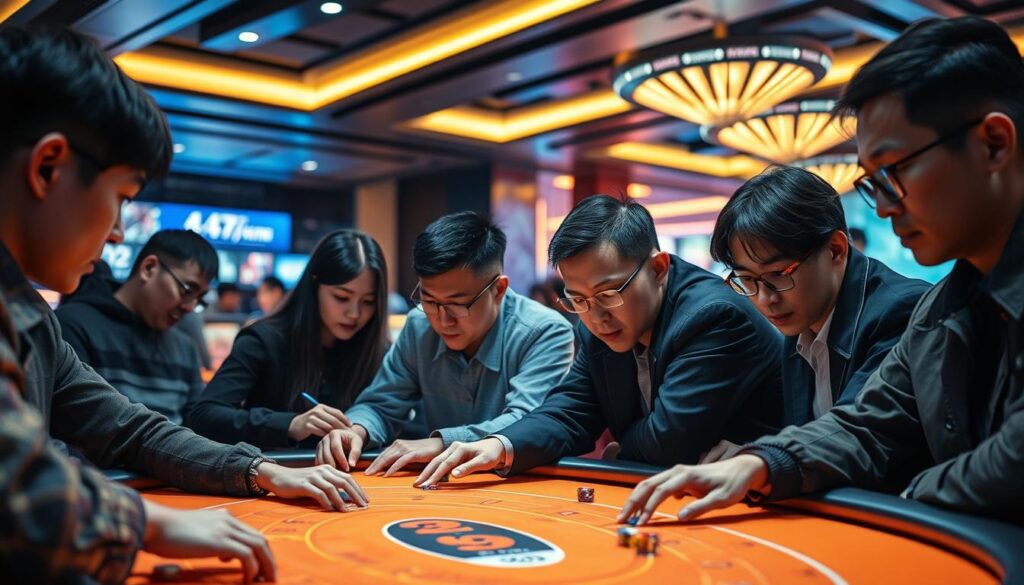 A bustling online casino scene, with Taiwanese players engrossed in a fast-paced game of baccarat. The table is illuminated by a warm, golden light, creating a sense of excitement and anticipation. Players lean forward, their faces intent, as they strategize their next moves. The background is a blend of sleek, modern interiors and the soft glow of digital interfaces, reflecting the technological nature of the online environment. The composition emphasizes the concentration and focus of the players, capturing the intensity of their participation in this popular casino game.