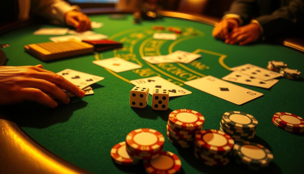 A casino table with a green felt surface, crisp white cards dealing out a hand of baccarat, a pair of dice rolling, and a set of poker chips in various denominations arranged neatly. The scene is bathed in warm, golden lighting, casting a sophisticated atmosphere. The perspective is slightly elevated, giving an overview of the gameplay mechanics. The image focuses on the practical details of baccarat calculations, inviting the viewer to immerse themselves in the strategy and probability of this classic casino game.