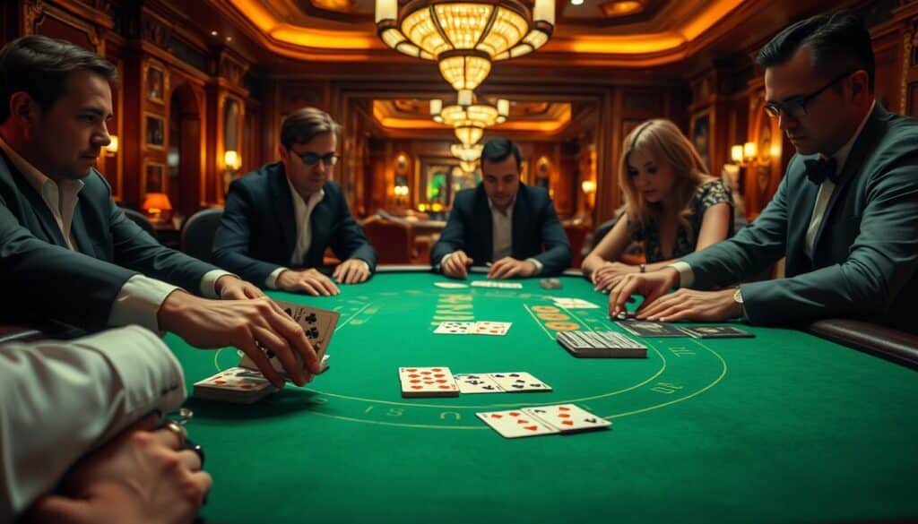 A casino table with a green felt surface, illuminated by warm, soft lighting. On the table, a dealer's hand expertly shuffles a deck of playing cards, as high-rollers intently observe the game of Baccarat unfold. The atmosphere is one of focused concentration, with the players analyzing each move, implementing proven strategies to gain the upper hand. In the background, the ornate decor of the casino creates a sense of sophistication and luxury, complementing the intensity of the game. The camera angle captures the table from a slightly elevated perspective, highlighting the meticulous details of the gameplay and the players' expressions as they make crucial decisions that could determine their fortunes.