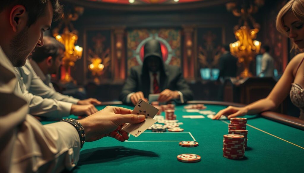A casino table with a green felt surface, surrounded by players focused on their cards and chips. Soft, warm lighting casts a subtle glow over the scene, creating an atmosphere of concentration and anticipation. In the foreground, a player's hands carefully examine their cards, pondering their next move. The middle ground features a dealer meticulously dealing the cards, their face obscured to maintain the game's integrity. The background showcases the ornate, luxurious decor of the casino, hinting at the high-stakes nature of the game. The overall composition conveys the careful study and mastery of the game mechanics, as players strive to elevate their baccarat gameplay skills.