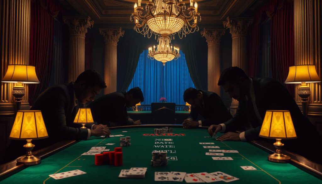 A casino-themed image showcasing the strategic analysis of baccarat betting strategies. Set in a dimly lit, luxurious gaming hall, a green baize table dominates the foreground, with cards, chips, and betting slips artfully arranged. Shadowy figures lean over the table, deep in contemplation, their faces illuminated by the warm glow of table lamps. In the background, a grand chandelier casts a soft, ambient light, while ornate columns and velvet curtains evoke the opulent atmosphere of a high-stakes gaming establishment. The overall mood is one of focused intensity, as the players carefully consider their next moves in the pursuit of baccarat mastery.