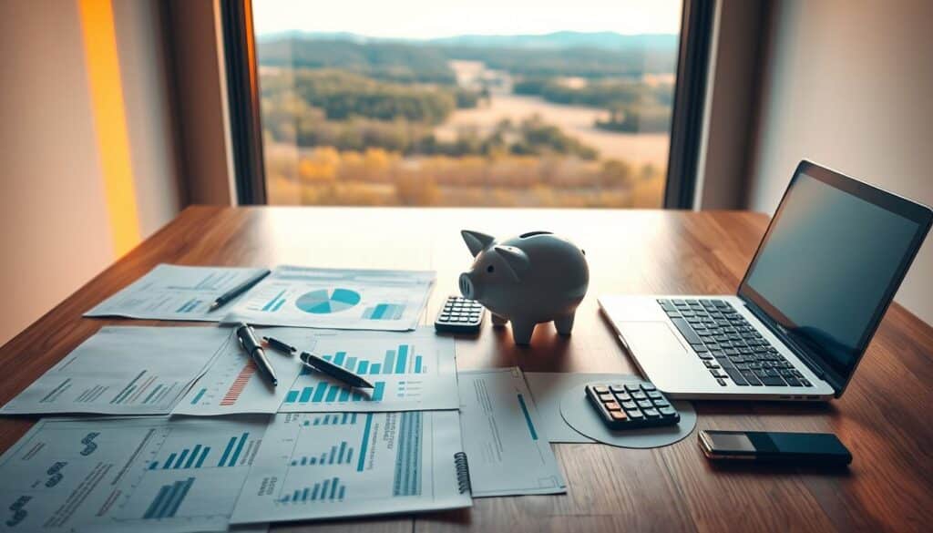 A clean, minimal workspace with a laptop, pen, and notepad on a wooden desk, bathed in warm, directional lighting. In the foreground, a carefully organized array of financial documents, charts, and spreadsheets, conveying the strategic planning and meticulous attention to detail required for effective money management. The middle ground features a strategically placed piggy bank and a calculator, symbolizing the core elements of budgeting and savings. In the background, a large window overlooking a serene, natural landscape, evoking a sense of clarity and balance, essential for making sound financial decisions.