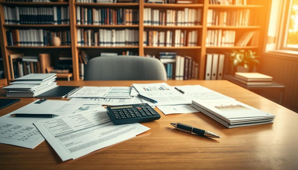 A clean, well-organized office desk with various financial documents, a calculator, and a pen neatly arranged. In the background, a bookshelf filled with finance-related books. Soft, natural lighting illuminates the scene, creating a serene and professional atmosphere. The overall composition conveys a sense of order, control, and financial expertise, reflecting the "資金管理技巧" theme.