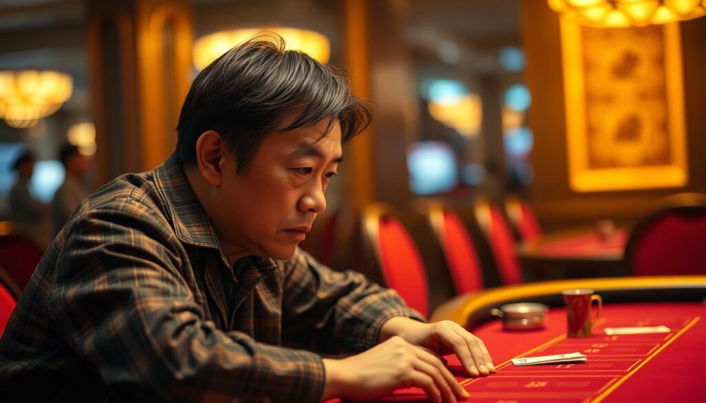 A contemplative Taiwanese gambler sits at a baccarat table, deep in thought. The table is illuminated by a warm, golden light, casting a tranquil atmosphere. The player's expression is pensive, their eyes narrowed in concentration as they carefully consider their next move. The background is blurred, drawing the viewer's focus to the player's inner state. A sense of strategic deliberation and cautious optimism pervades the scene, reflecting the nuanced mindset of successful Taiwanese baccarat players.