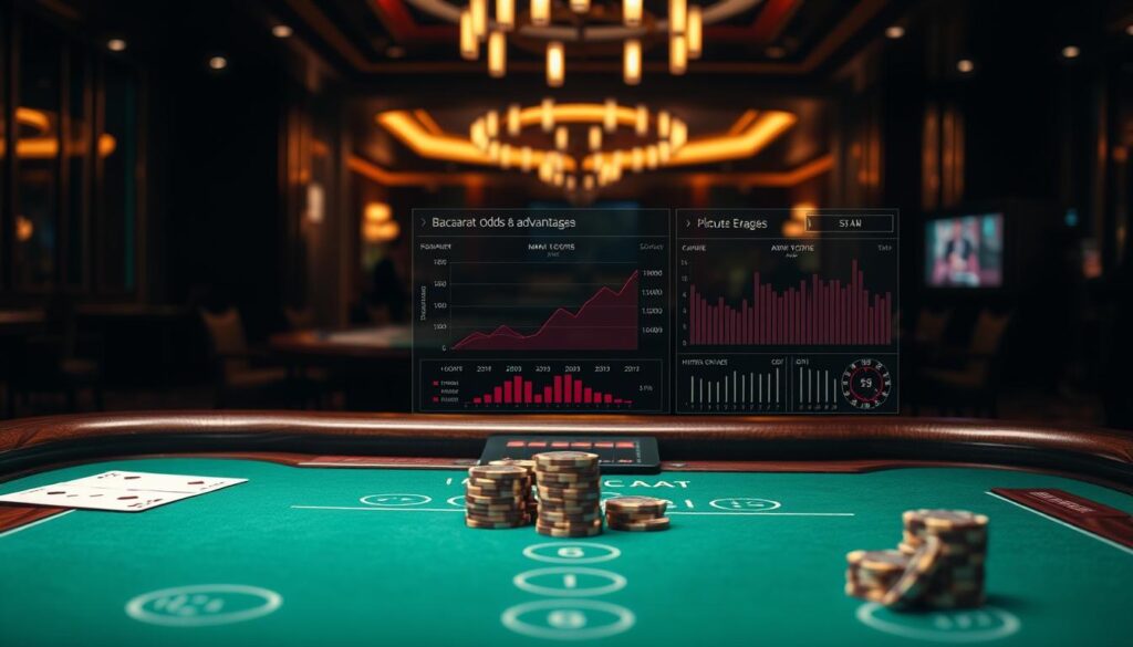A detailed analysis of baccarat odds and advantages, showcased on a sleek, modern interface. The foreground features a stylized baccarat table with green felt, crisp white cards, and elegant casino chips in gold and silver tones. The middle ground highlights a data visualization dashboard, with interactive charts and graphs presenting the mathematical probabilities and house edge for different baccarat betting strategies. The background depicts a dimly lit, luxurious casino interior, with soft lighting, polished wood accents, and the faint silhouettes of other gaming tables in the distance, creating an immersive, high-stakes atmosphere. Cinematic camera angles and a muted color palette convey a sense of refined sophistication and strategic depth to the baccarat experience.
