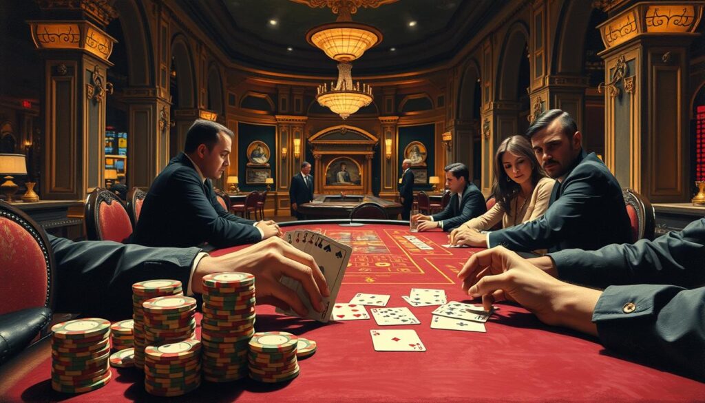 A detailed contemporary oil painting of a baccarat gaming table, meticulously showcasing the strategic advantages of the game. The table is set against a dimly lit, luxurious casino environment, with soft, warm lighting casting a sophisticated ambiance. The foreground features stacks of betting chips, playing cards, and a dealer's hands demonstrating the mechanics of the game. The middle ground captures the intense focus of the players, their expressions conveying the thrill of the game. The background depicts the grand opulence of the casino, with ornate architectural details and subtle hints of wealth and exclusivity. The overall composition highlights the strategic depth and allure of the baccarat game, inviting the viewer to explore the intricacies of this classic casino pastime.