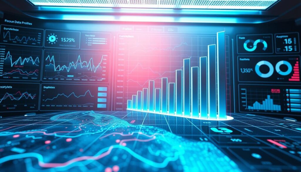 A detailed data analysis dashboard with clean, minimalist design. In the foreground, a holographic heatmap visualization displays complex statistical patterns, surrounded by a floating array of line charts, scatter plots, and pie charts. The middle ground features a large, floating 3D bar graph showing key metrics, its columns casting dynamic shadows. In the background, a sleek, metallic interface with interactive controls provides deep insights, rendered in a cool, technological color palette of blues, grays, and whites. Soft lighting casts dramatic shadows, evoking a sense of precision and analytical focus.