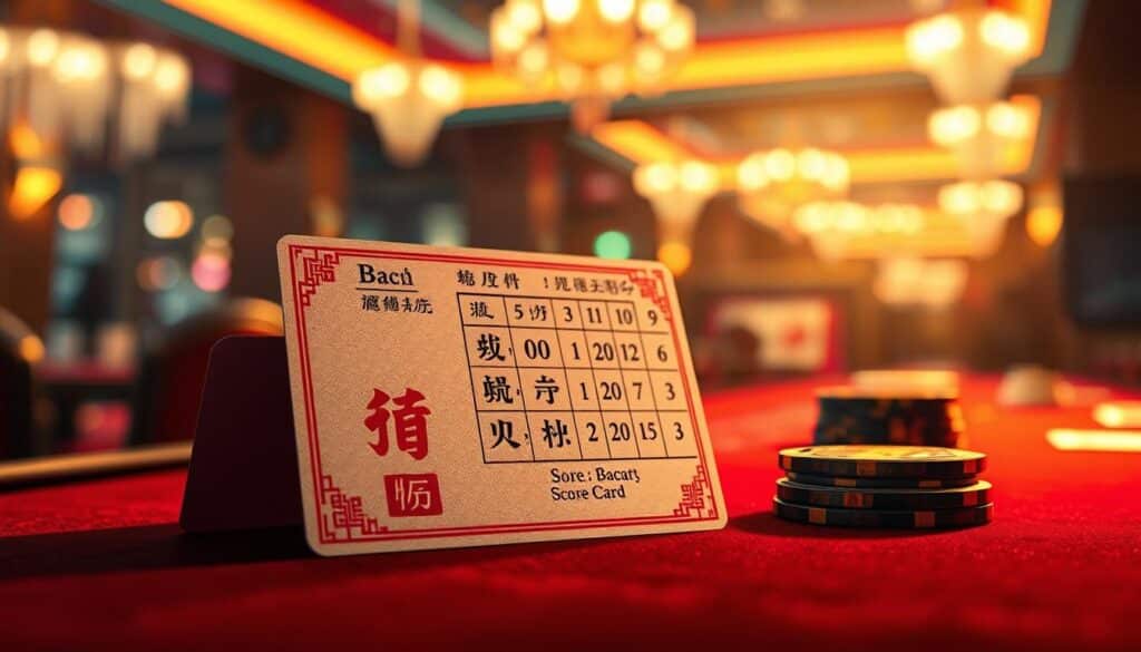 A detailed illustration of a baccarat score card with vivid colors and realistic textures. The card is positioned in the foreground, with a blurred casino background that suggests an elegant, dimly lit gaming environment. The card's design features traditional Chinese symbols and intricate patterns, conveying the cultural heritage of the game. Crisp, high-resolution rendering with a warm, cinematic lighting setup that casts subtle shadows, creating depth and dimensionality. The overall mood is one of sophistication and attention to detail, reflecting the strategic nature of the game.