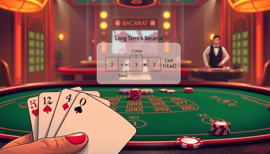 A detailed illustration of the card calculation method in Baccarat. The foreground shows a player's hand of cards, with the numerical values clearly visible. The middle ground depicts a simple diagram or infographic explaining the step-by-step process of adding card values and determining the final hand score. The background features a stylized Baccarat table with playing chips, a dealer, and the iconic green felt surface. The lighting is warm and inviting, creating a sense of focus and contemplation around the central card calculation theme. The overall composition conveys a balance of technicality and visual interest, suitable for an educational article on long-term Baccarat strategy.