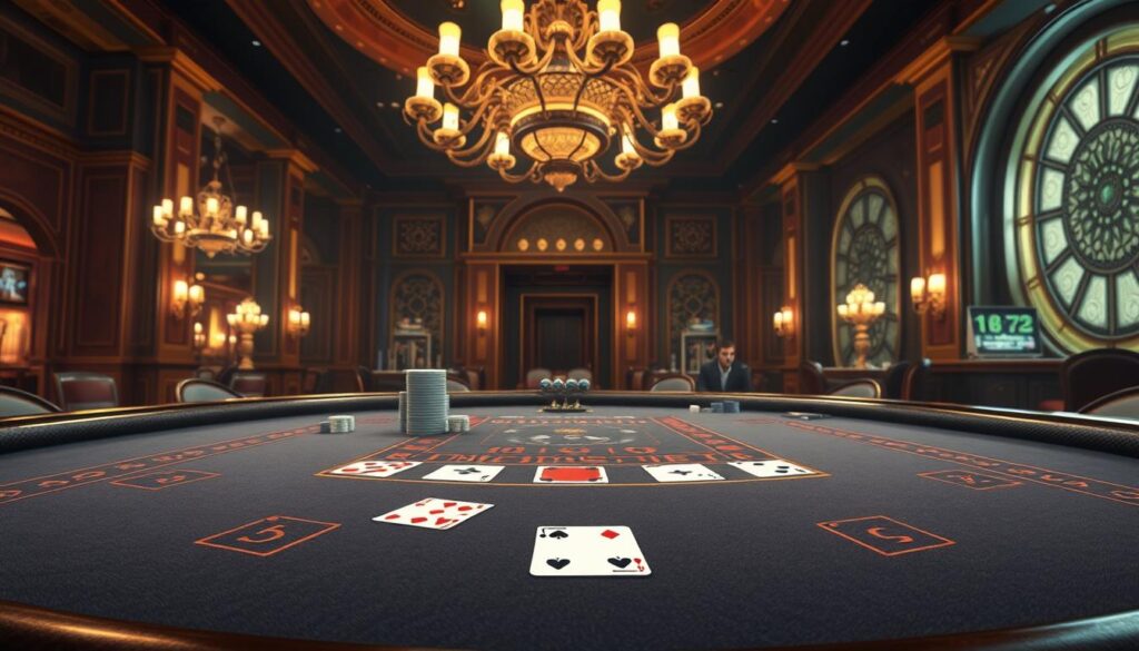A detailed illustration of the classic casino game Baccarat, showcasing the table layout, playing cards, and casino ambiance. A well-lit, high-resolution image captured with a wide-angle lens, highlighting the sophisticated design of the table and the elegant, dimly-lit casino environment. The foreground features the baccarat table with its felt surface, betting areas, and dealer's position. The middle ground features the playing cards, chips, and other casino accoutrements. The background depicts the grand, ornate architecture of the casino, with chandeliers and rich decor setting the mood for an immersive gaming experience.