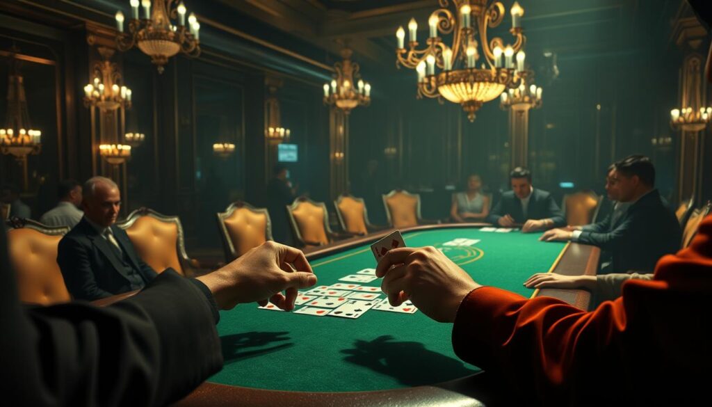 A detailed illustration of the fundamental rules and operation of the baccarat game. Set against a dimly lit casino interior, a green baize-covered table occupies the center of the frame, surrounded by plush chairs and ornate chandeliers overhead. In the foreground, the dealer's hands deftly deal cards, while players placed around the table observe with rapt attention. The scene evokes the hushed excitement and sophistication of a high-stakes gaming establishment, with lighting positioned to cast dramatic shadows and highlights on the unfolding action. The overall atmosphere conveys the precise, methodical nature of the baccarat gameplay.