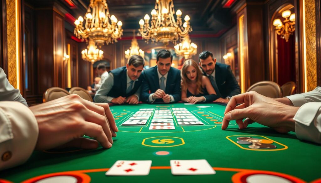 A detailed illustration of the fundamentals of Baccarat, the classic casino card game. In the foreground, a crisp close-up view of the Baccarat table, its green felt surface adorned with the distinct markings and betting areas. The dealer's hands neatly arrange the cards, highlighting the game's mechanics. In the middle ground, a group of players lean in, their expressions focused as they place their bets. The lighting is warm and inviting, creating a sense of energy and anticipation. In the background, the luxurious casino setting is visible, with ornate chandeliers and rich, wood-paneled walls, conveying the elegant atmosphere of this time-honored game.