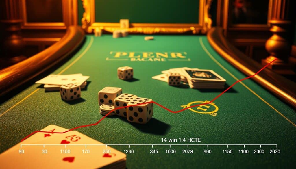 A detailed illustration of the house edge, win rate, and payout ratio in the classic casino game of Baccarat. A crisp, high-resolution image featuring a green baize table with gleaming silver chips, dice, and cards elegantly arranged. Warm, directional lighting casts dramatic shadows, emphasizing the precision and elegance of the game. In the foreground, a line graph displays the mathematical probabilities, while in the background, ornate golden frames accent the luxurious casino atmosphere. The composition balances analytical data and the allure of high-stakes gambling, reflecting the strategic depth and thrill of Baccarat.