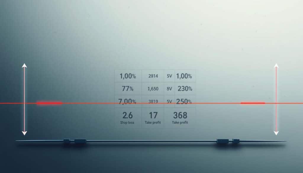 A detailed infographic depicting the concept of stop-loss and take-profit points in a balanced, professional manner. The foreground showcases two parallel lines representing the trading price range, with clear indicators marking the stop-loss and take-profit levels. The middle ground features a grid-like layout with numerical values and icons illustrating the dynamics of these strategic points. The background has a muted, minimalist color scheme with subtle textures, creating a clean and informative visual composition. Soft, directional lighting enhances the clarity and depth of the illustration, which is rendered in a realistic, high-quality style suitable for an educational finance-related article.