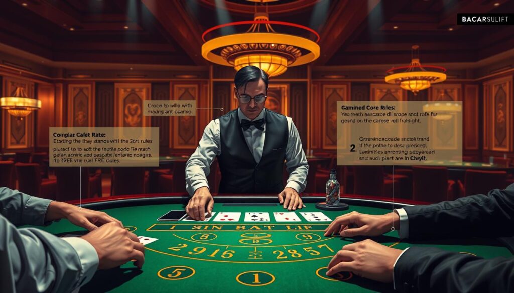 A detailed, informative illustration of the core rules and gameplay mechanics of the classic casino game Baccarat. The scene depicts a luxurious Baccarat table in a high-end casino, with a dealer dressed in a crisp, formal uniform handling the cards. The table is illuminated by warm, elegant lighting, casting a soft glow on the green felt surface. Players' hands are visible, engaged in the game, showcasing the tension and excitement of the gameplay. The overall atmosphere conveys the sophistication and prestige associated with the game of Baccarat. The image provides a clear, visually engaging representation of the fundamental principles that underpin this time-honored casino classic.