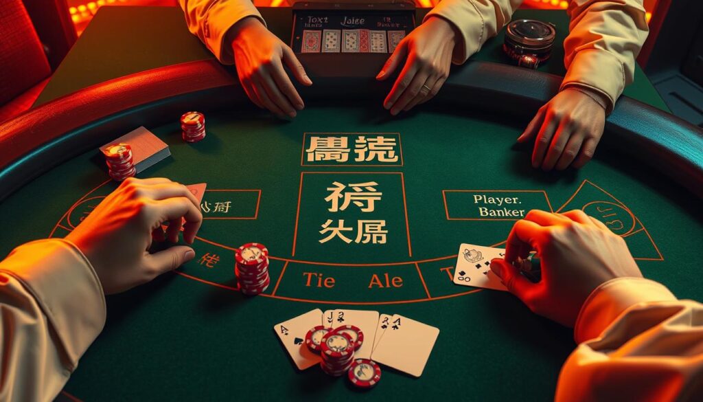 A detailed, meticulously crafted illustration of the fundamental "百家樂" casino game rules. Depicted on a green baize table, the layout showcases the distinct betting areas - Player, Banker, Tie. Illuminated by warm, directional lighting, the chips, cards, and dealer's hands are rendered with photorealistic precision, inviting the viewer to immerse themselves in the strategic gameplay. The composition strikes a balance between showcasing the table's structure and highlighting the dynamic interactions between the game elements. The overall mood is one of focused engagement, guiding the audience through the core mechanics of this classic casino pastime.