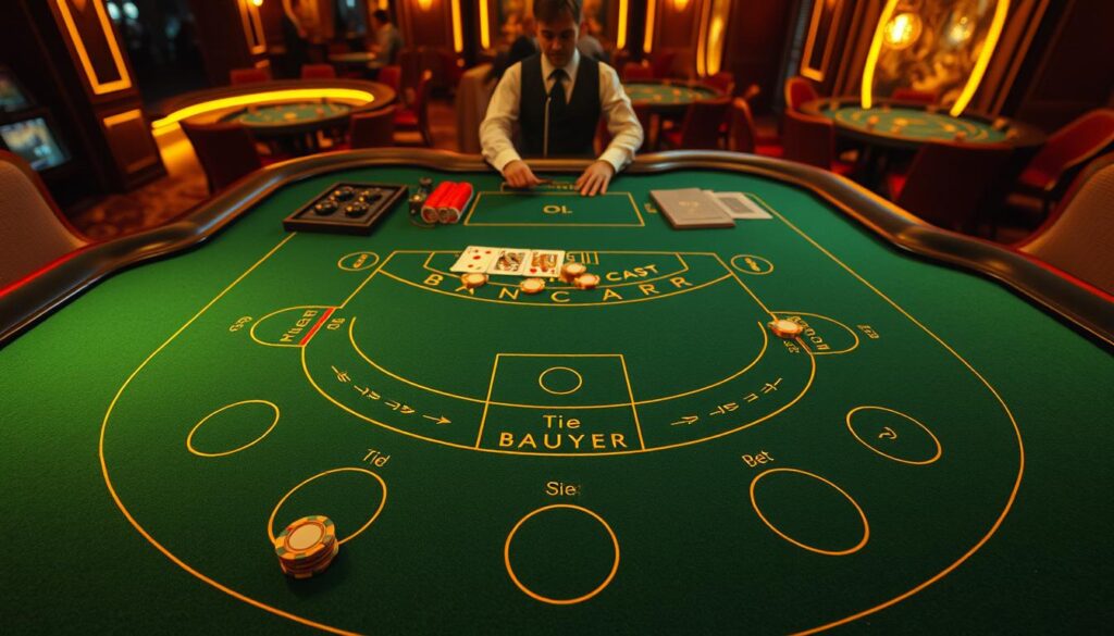 A detailed overhead view of a casino baccarat table, showcasing the different betting areas. The table is illuminated by warm, indirect lighting, creating a luxurious ambiance. The green felt surface is pristine, and the gold trim along the edges adds a touch of elegance. In the foreground, the various betting zones are clearly delineated, including the Player, Banker, Tie, and optional side bets. The chips in different denominations are neatly arranged, inviting the player to strategically place their wagers. The middle ground features the dealer's position, with a croupier's stick resting nearby, ready to manage the game. In the background, the ornate casino interior is visible, hinting at the excitement and allure of the high-stakes world of baccarat.