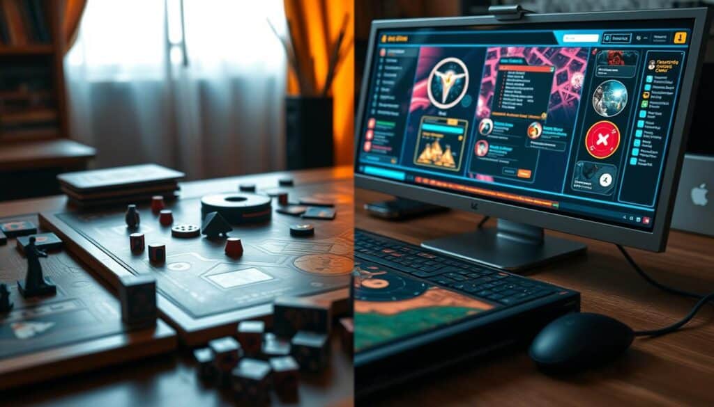 A detailed, side-by-side comparison of a tabletop game board and a computer screen displaying an online game interface. The tabletop features detailed game pieces, dice, and cards, with warm lighting and a classic wooden aesthetic. The computer screen shows a vibrant, modern online game UI with dynamic visuals and user controls. The two settings are composed to highlight the distinct experiences, highlighting the tactile nature of physical games versus the immersive digital realm of online gaming. The overall mood is one of thoughtful contrast, inviting the viewer to consider the merits of both formats. The image should be captured with a crisp, high-resolution lens to showcase the intricate details of each gaming environment.
