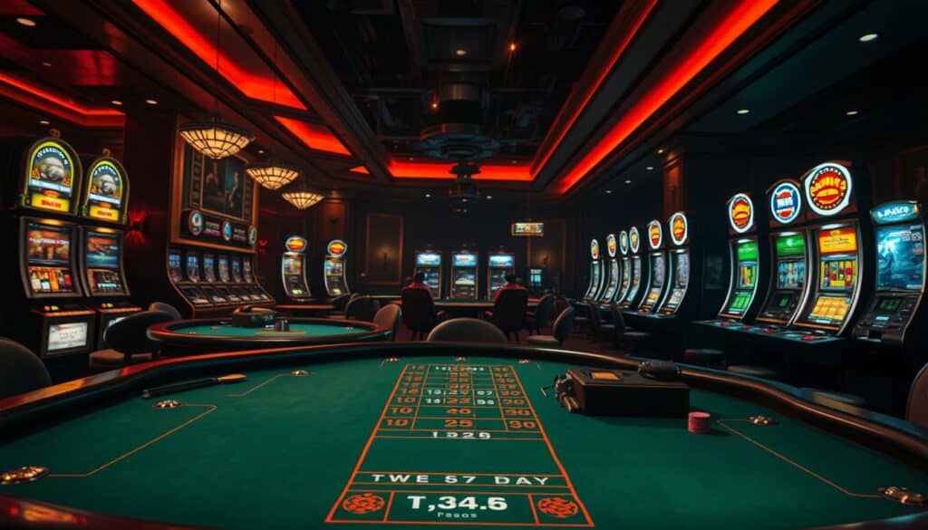 A detailed strategic analysis of the flat betting system, set against a backdrop of a casino interior with a baccarat table in the foreground. Dimly lit with moody chiaroscuro lighting, the table is adorned with elegant green felt and gilded accents. The background features rows of slot machines and gaming tables, creating a sense of immersion in the high-stakes world of casino gambling. The overall atmosphere conveys a pensive, analytical mood, with the flat betting system's mathematical intricacies and risk-reward tradeoffs being the central focus.