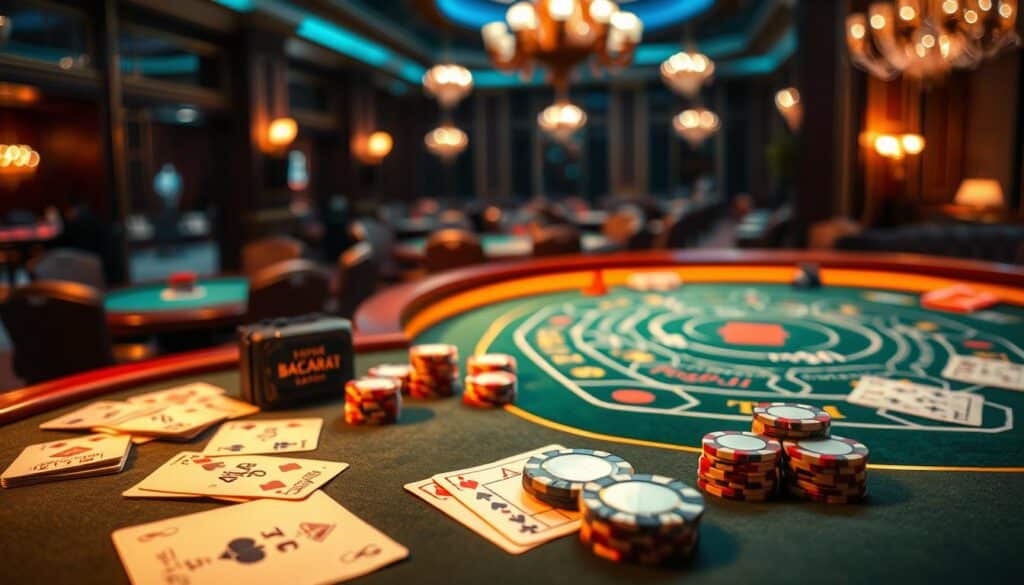 A detailed table displaying the game schedule for a Baccarat session. The table is illuminated by warm, ambient lighting, creating a cozy and inviting atmosphere. In the foreground, cards and betting chips are meticulously arranged, capturing the strategic elements of the game. The middle ground features a crisply rendered Baccarat table, with a green felt surface and polished wood trim. In the background, a blurred view of a luxurious casino interior, with elegant chandeliers and tasteful decor, sets the scene. The overall composition conveys a sense of order, focus, and the sophisticated experience of playing Baccarat.