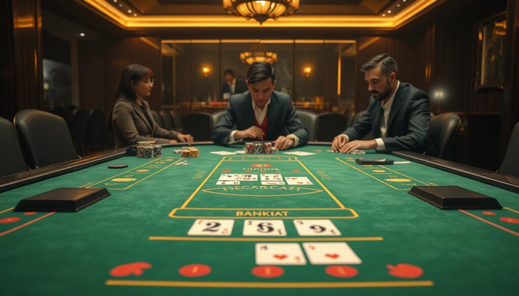 A detailed tabletop scene of the classic casino game Baccarat (百家樂). The green felt table takes up the foreground, with a clear view of the betting areas, player and banker hands, and the game's equipment like cards, chip trays, and dealing shoe. In the middle ground, smartly dressed players engage in the gameplay, their expressions focused and intent. The background is dimly lit, with subtle lighting casting a warm, inviting glow across the table, evoking the atmosphere of an upscale casino. The composition is balanced, highlighting the essential elements of the Baccarat gameplay while maintaining a sense of sophistication and immersion.
