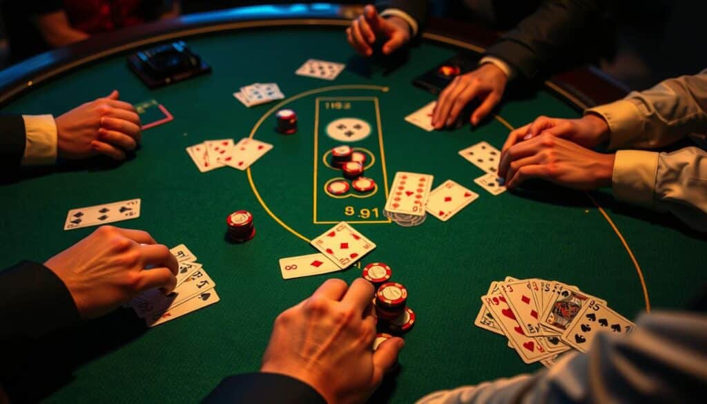A detailed tabletop view of a casino baccarat card table, with players' hands and chips scattered across the green felt surface. The table is illuminated by warm, subtle lighting, creating a contemplative atmosphere. The cards are spread out, revealing a strategic game in progress, inviting the viewer to analyze the dynamic of the game. The table's elegant design and attention to detail suggest a high-end, exclusive gambling establishment. The overall scene conveys the thoughtful decision-making and financial management involved in navigating a baccarat game.