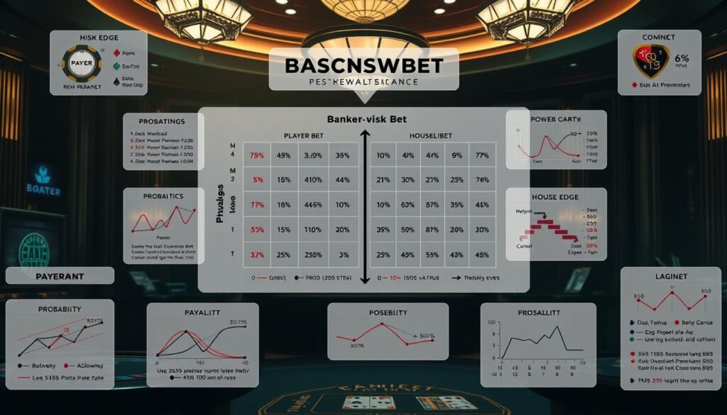 A detailed, visually-striking casino gaming strategy infographic showcasing the principles of baccarat's risk-reward balance. Set in a dimly-lit, elegant casino environment, the image features a central grid-like diagram depicting the strategic interplay between player and banker bet probabilities, payout ratios, and house edge. Surrounding this are smaller visualizations of game mechanics, probability curves, and financial performance metrics - all rendered in a clean, data-driven aesthetic with muted tones and soft lighting to convey an atmosphere of measured calculation. The overall composition strikes a balance between analytical rigor and the thrill of high-stakes play, reflective of the section's focus on optimizing baccarat strategy.