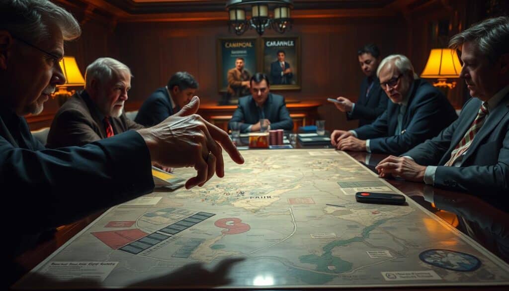 A dimly lit boardroom table, its polished surface reflecting the intense gaze of a group of seasoned gamblers. Maps, charts, and tactical diagrams cover the table, illuminated by the soft glow of desk lamps. In the foreground, a weathered hand points to a critical juncture on the battle plan, while the other participants lean in, their expressions a mix of concentration and anticipation. The atmosphere is one of deep strategic analysis, as the group delves into the nuances of a high-stakes casino game, their insights sharpened by years of experience. The room is bathed in a warm, amber hue, creating a sense of gravitas and immediacy, as if the viewer is privy to a pivotal moment in the ongoing campaign.