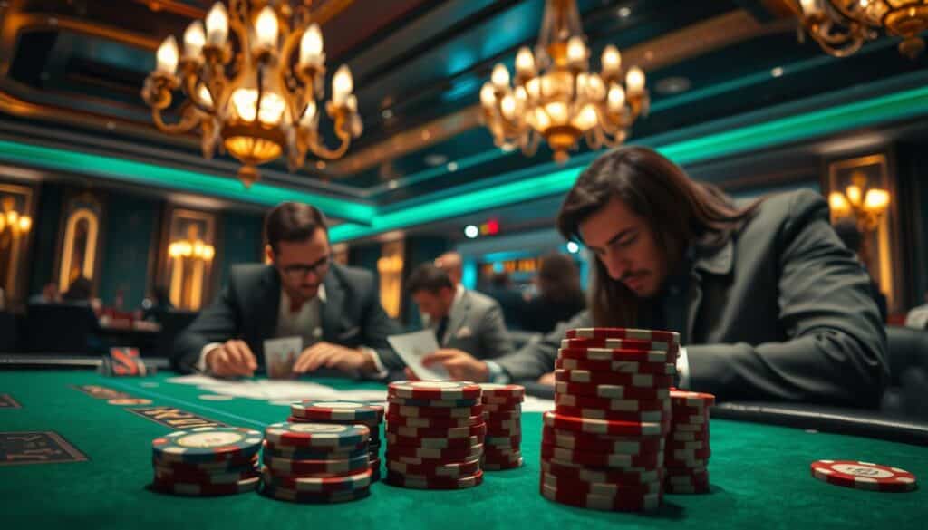 A dimly lit casino interior, spotlights illuminating the green felt of a baccarat table. Experienced players intently studying their cards, brows furrowed in concentration. Elaborate chandeliers cast a warm glow, adding an air of sophistication. In the foreground, a stack of casino chips in various denominations, hinting at the calculated strategies unfolding. The background is blurred, emphasizing the intense focus on the game at hand. The overall atmosphere exudes a sense of high-stakes, controlled risk-taking that epitomizes the thrill of baccarat.