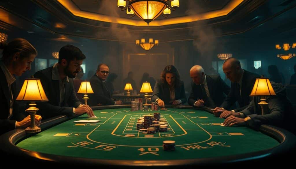 A dimly lit casino interior, the air thick with anticipation. In the foreground, a baccarat table stands as the focal point, its green felt surface a canvas for the high-stakes dance of cards and chips. Surrounding the table, players lean in, their faces illuminated by the warm glow of table lamps, their expressions a study in the psychology of gambling - the thrill of victory, the agony of defeat, the calculated risk-taking that drives the game. In the background, a hazy atmosphere of smoke and muted chatter, creating a sense of intensity and exclusivity. The lighting is soft and moody, casting dramatic shadows and highlights that accentuate the tension and drama of the scene. The overall composition evokes the captivating and complex world of baccarat, where the line between chance and skill is blurred and the human psyche is laid bare.