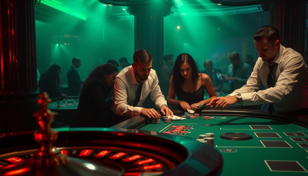 A dimly lit casino interior, the air thick with anticipation. In the foreground, a roulette table stands, its green felt surface a canvas for myths and misconceptions about baccarat. A dealer in a crisp white shirt presides over the game, their hands deftly shuffling cards. In the middle ground, players lean in, faces etched with a mix of excitement and trepidation, their chips scattered on the table, representing a battle of wits and chance. The background is hazy, suggesting the weight of history and the allure of the game that has captivated generations. The lighting casts dramatic shadows, emphasizing the tension and mystery that surround baccarat, a game of both skill and luck.