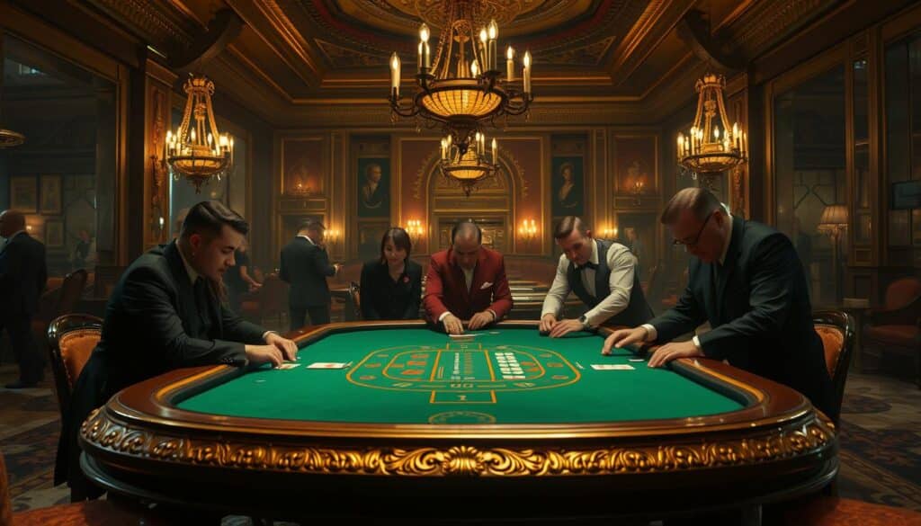 A dimly lit casino interior, the air thick with the aroma of cigars and the sound of shuffling cards. In the center, a green felt table where the historic game of Baccarat, also known as Punto Banco, is being played. Elegant patrons in formal attire lean over the table, their faces illuminated by the warm glow of chandeliers overhead. The table is adorned with ornate, gilded details, hinting at the game's prestigious origins. In the background, a grand, marble-clad lobby sets the stage for this timeless scene, where the legacy of Baccarat is palpable in every detail.