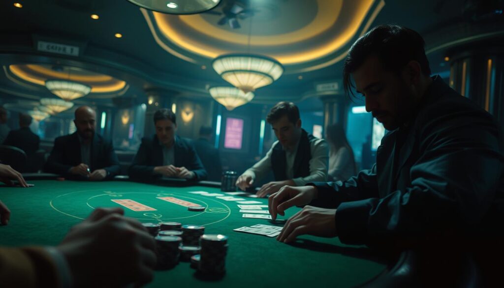 A dimly lit casino interior, the focus on a baccarat table. Soft lighting casts dramatic shadows, creating an atmosphere of anticipation and intrigue. The players' faces are obscured, their expressions a mix of concentration and suppressed emotion. The table's green felt surface reflects the glow of the overhead lights, creating a sense of depth and dimensionality. The cards are dealt with precision, the chips stack up, and the tension builds as the game unfolds. The scene captures the psychological intensity of the baccarat experience, where calculated risks and subtle tells can make the difference between triumph and defeat.