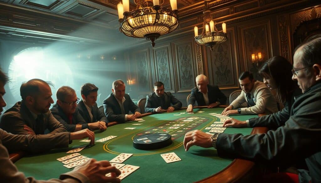 A dimly lit casino interior, the green baize of a baccarat table center stage. Intricate wooden carvings and luxurious chandeliers lend an air of old-world opulence. On the table, cards are dealt with precision, the dealer's hands moving with practiced fluidity. Surrounding the table, players lean in, expressions intense, as they ponder their next move, seeking the secrets to victory in this captivating game of chance. The lighting casts dramatic shadows, creating an atmosphere of high-stakes drama. A sense of focus and determination permeates the scene, hinting at the strategic mastery required to emerge triumphant in the world of baccarat.