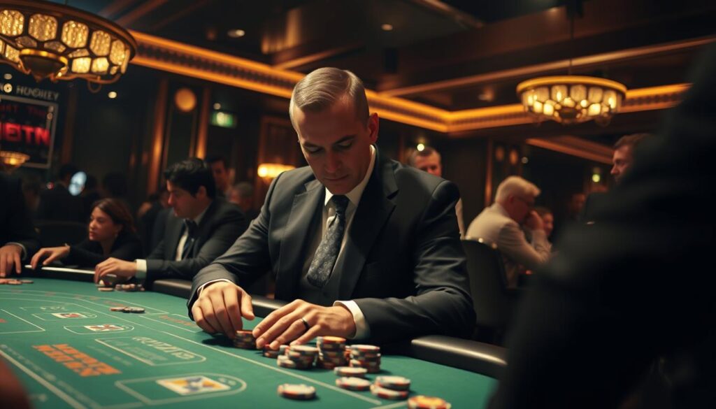 A dimly lit casino interior, the green baize of a baccarat table in the foreground. A man in a sharp suit focuses intently, chips in hand, as he carefully executes the Martin Gale betting strategy. The table is surrounded by other players, their expressions a mix of concentration and anticipation. Dramatic lighting casts dramatic shadows, creating an atmosphere of high-stakes tension. The camera angle is low, capturing the intensity of the game from the player's perspective. The overall mood is one of calculated risk and the thrill of the gamble.