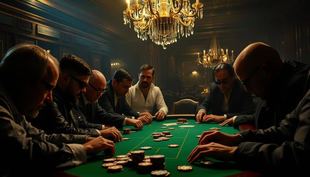 A dimly lit casino interior, the green felt of a baccarat table takes center stage. Surrounding the table, a group of players lean in, expressions intense as they study the cards and chips. The lighting casts dramatic shadows, adding to the tense atmosphere. In the background, a decadent chandelier hangs overhead, its crystals glittering like stars. The players' faces are a study in psychology - triumph, anguish, calculation, all visible in their expressions. A sense of quiet concentration permeates the scene, as though the players are lost in the intricate dance of chance and strategy that is baccarat.