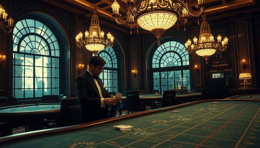 A dimly lit casino interior, the past centuries converging in intricate patterns on the tables. Ornate chandeliers cast a warm glow, illuminating the vintage felt and polished wood surfaces. In the foreground, a skilled croupier gracefully deals cards, their movements steeped in the history of this captivating game. The background reveals grand arched windows, hinting at the timeless allure of Baccarat, a game that has captivated players for centuries. Soft shadows and muted tones evoke the timeless elegance of this classic casino experience, inviting the viewer to step into the rich tapestry of Baccarat's storied past.