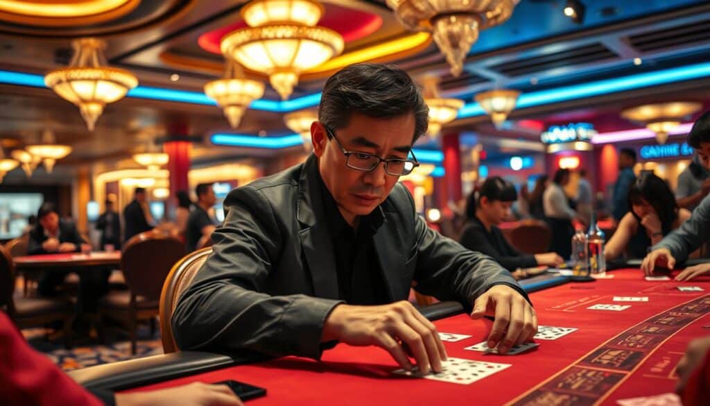 A dimly-lit casino interior, the soft glow of gaming tables casting a warm ambiance. In the foreground, a focused Taiwanese gambler sits at a baccarat table, his expression intense as he intently studies the cards, his hands poised to make a strategic move. The mid-ground features other players engaged in the game, their faces alight with a mix of concentration and anticipation. In the background, the bustling casino environment is visible, with servers carrying drinks and attendants assisting guests. The lighting is dramatic, creating deep shadows and highlights that accentuate the players' features. The overall tone is one of intrigue and high-stakes excitement, capturing the essence of the successful Taiwanese baccarat player's challenge.