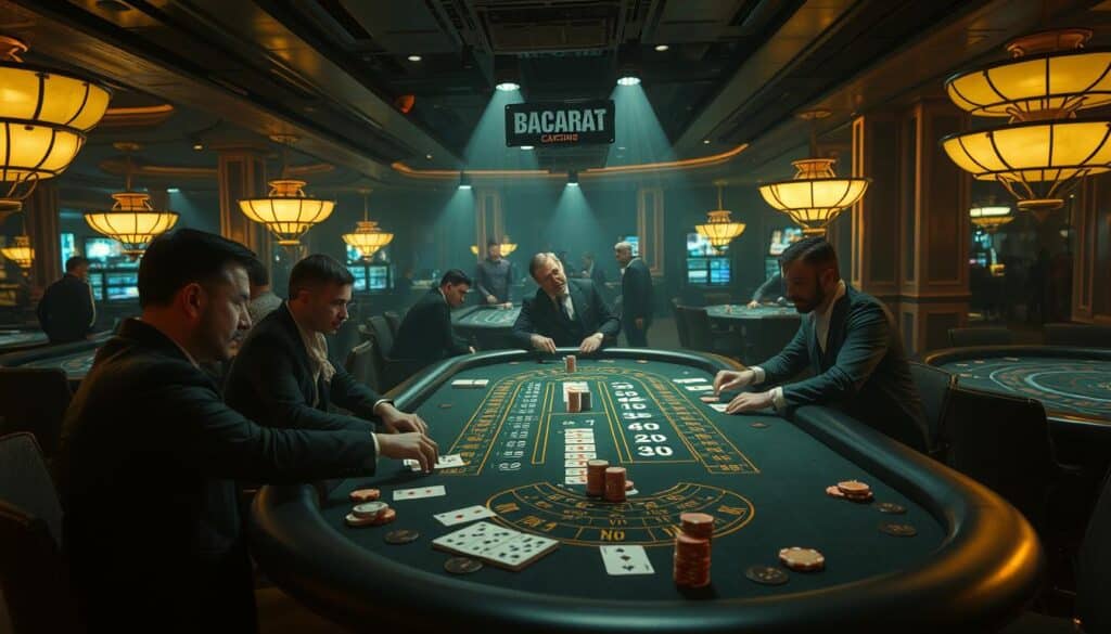 A dimly lit casino interior, the soft glow of table lamps casting a warm ambiance. At the center, a baccarat table with an array of chips, cards, and croupiers expertly dealing the game. Around the table, players lean in, their expressions a mix of concentration and anticipation as the cards unfold. In the background, glimpses of other gaming tables, each with their own unique variations of the classic casino staple. The scene captures the essence of the baccarat experience, where the rules and strategies evolve, offering players a diverse and engaging gameplay.